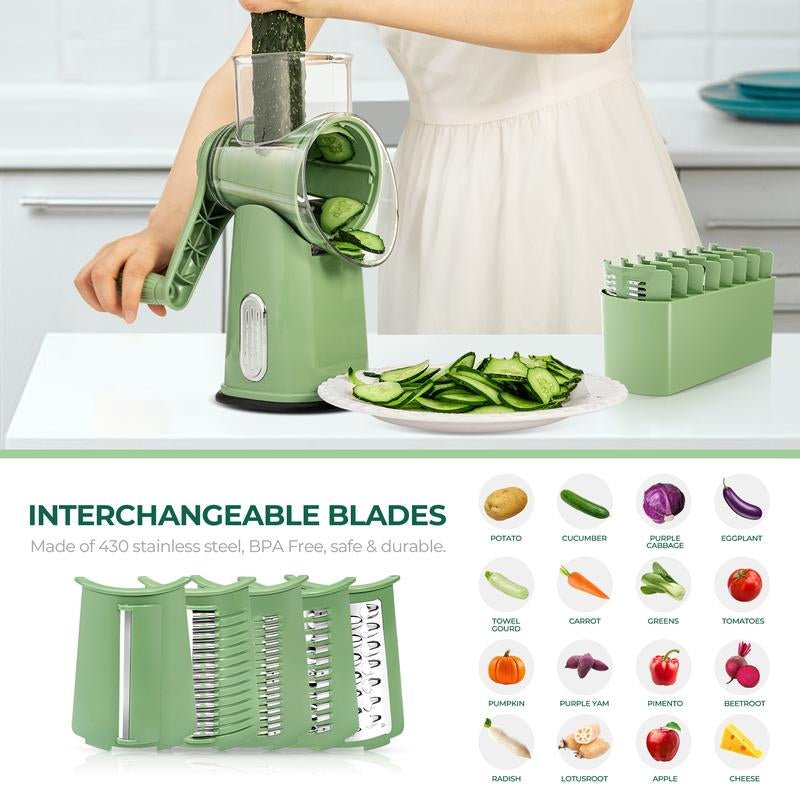 SUSTEAS Rotary Cheese Grater with Handle, 5 Well - Designed Blades, Strong Suction Cup Base, Kitchen Utensils Vegetable Slicer Dicer Fruit Vegetable Slicer Gadgets Kitchen - ModoCoveDesign