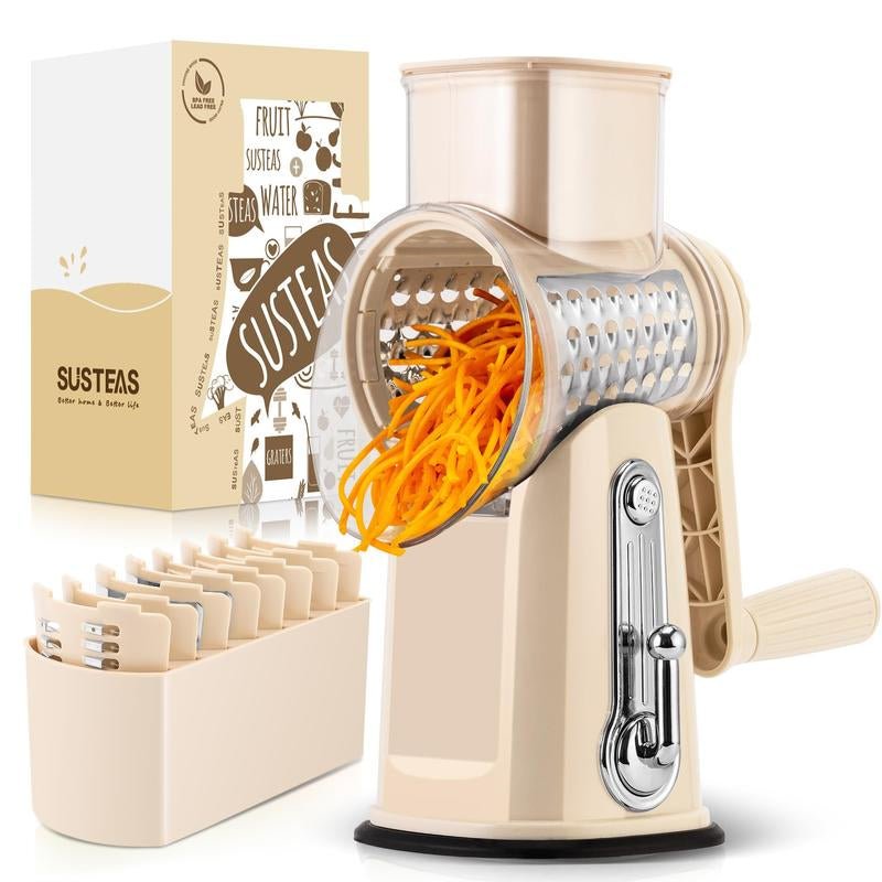 SUSTEAS Rotary Cheese Grater with Handle, 5 Well - Designed Blades, Strong Suction Cup Base, Kitchen Utensils Vegetable Slicer Dicer Fruit Vegetable Slicer Gadgets Kitchen - ModoCoveDesign