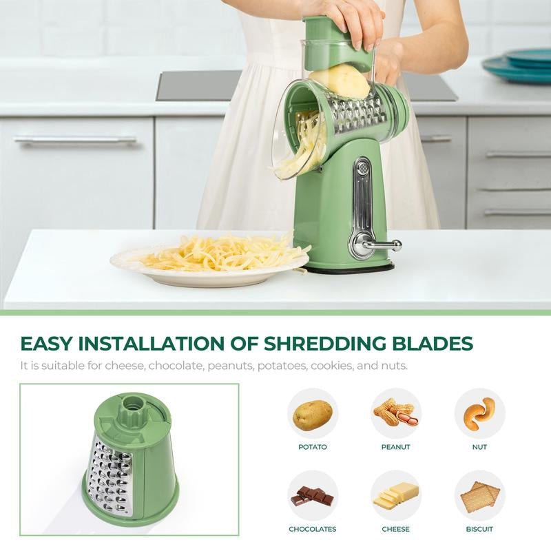 SUSTEAS Rotary Cheese Grater with Handle, 5 Well - Designed Blades, Strong Suction Cup Base, Kitchen Utensils Vegetable Slicer Dicer Fruit Vegetable Slicer Gadgets Kitchen - ModoCoveDesign